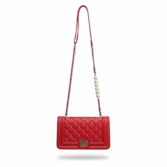 Chic Red Quilted Crossbody Bag with Pearl Chain Vegan Leather ❤️ - Picture 2 of 4